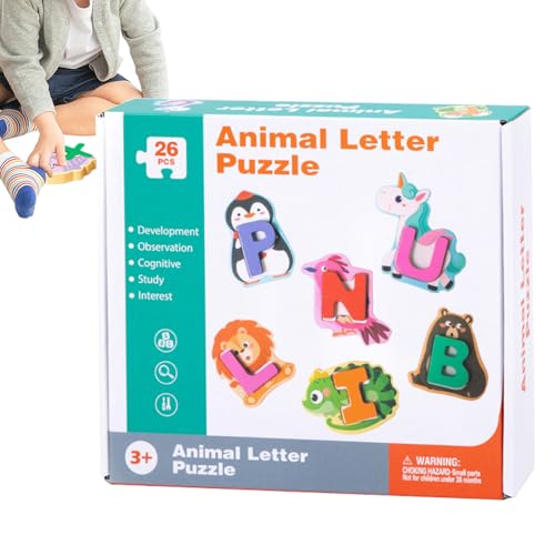 Gungtj Holz Alphabet Puzzle, 26 Teile Buchstaben Tiere Puzzle, Zuordnungsspiel Feinmotorik Kreatives Spiel Reise Vorschule Kindergarten Hausunterricht von Gungtj