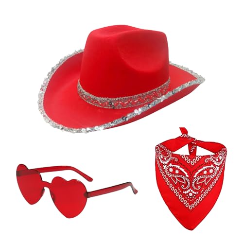 Gungtj Weihnachts-Cowgirl-Hut, Westernhut, Party-Kopfbedeckung, 3 x Cowgirl-Vintage-Bandana-Herz-Brille, verstellbare Weihnachtsfeier, Western-Kostüm-Zubehör von Gungtj