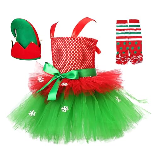 Gungtj Weihnachtskleid Mädchen | Weihnachtskostüm mit Hut und Socken,Ärmelloses Tüllkleid für 2-12 Jahre Wintertag Rollenspiel Party Bühnenauftritt Fotografie von Gungtj