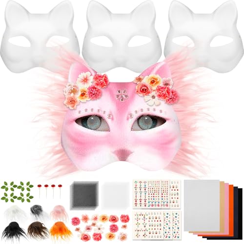 Guniata 4 Stück Katzenmasken Zum Bemalen mit Filzstoff,Leere Maskek,Handbemalbar,für Halloween,Karneval,Maskerade,Party Cosplay(A) von Guniata
