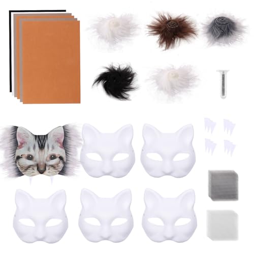 Guniata 6 Stück Katzenmasken Zum Bemalen,Therian Mask DIY Set mit Kunstpelz und Augennetz,Maskes Kunsthandwerk Kit,für Halloween Maskerade,Maskenball,Cosplay(Braun) von Guniata