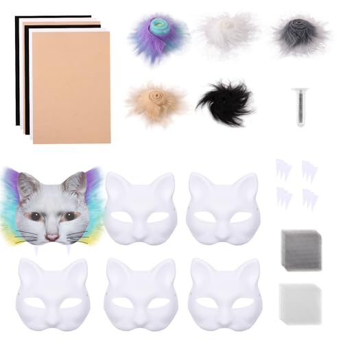 Guniata 6 Stück Katzenmasken Zum Bemalen,Therian Mask DIY Set mit Kunstpelz und Augennetz,Maskes Kunsthandwerk Kit,für Halloween Maskerade,Maskenball,Cosplay(Farbe) von Guniata
