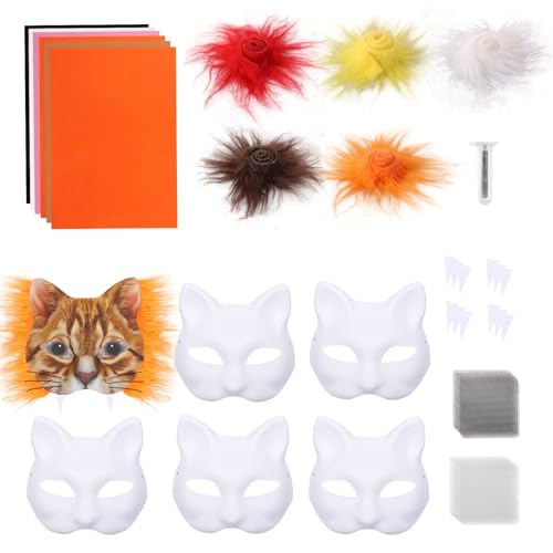 Guniata 6 Stück Katzenmasken Zum Bemalen,Therian Mask DIY Set mit Kunstpelz und Augennetz,Maskes Kunsthandwerk Kit,für Halloween Maskerade,Maskenball,Cosplay(Orange) von Guniata