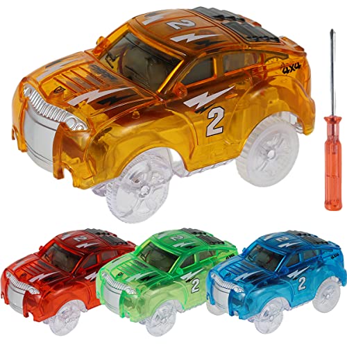 Guniata Tracks Cars 4 Pack,Kinder Auto Spielzeug mit 5 LED- Leuchten,Spielzeugautos Leuchten im Dunkeln,Kompatibel mit Den Meisten Tracks für Kinder,Jungen und Mädchen(A,4PCS) von Guniata