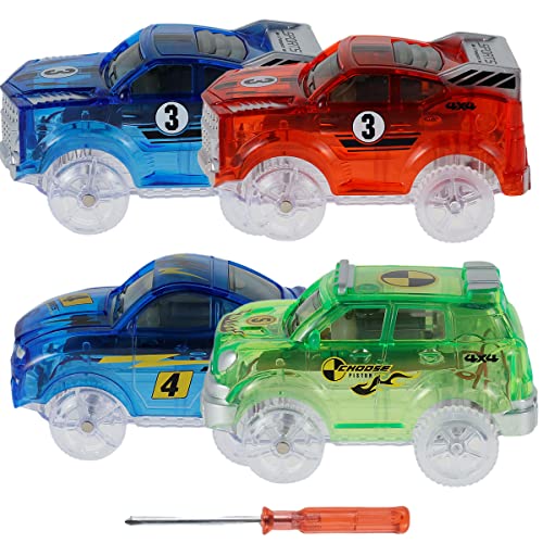 Guniata Tracks Cars 4 Pack,Kinder Auto Spielzeug mit 5 LED- Leuchten,Spielzeugautos Leuchten im Dunkeln,Kompatibel mit Den Meisten Tracks für Kinder,Jungen und Mädchen(B,4PCS) von Guniata