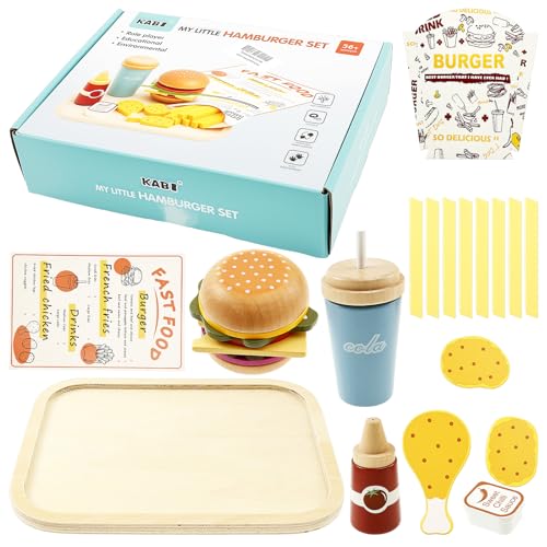 Küchenspielzeug Kinder,Hamburger Spielzeug Holz,Küchenspielzeug Lebensmittel,Realistisches Hamburger Set mit Tablett und Cola Sauce,Rollenspiele Geschenk für Kinder ab 3 4 5 6 7 8 9 Jahre(A) von Guniata