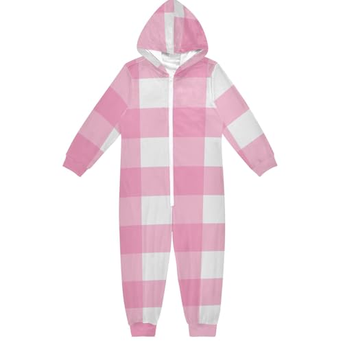 GuoChe 1-teiliger Overall für Jungen und Mädchen, Flanell, Reißverschluss, Kapuze, für Teenager, Heimkleidung, 5–14 Jahre, Pastellrosa, kariert, Bunt, 7-8 Jahre von GuoChe