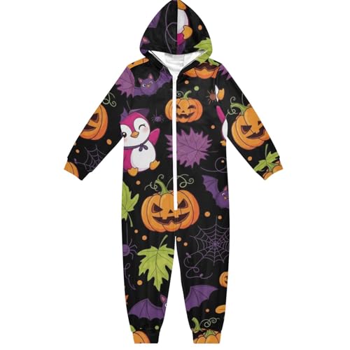 GuoChe 1-teiliger Schlafanzug für Teenager, Fleece, Reißverschluss, Kapuze, Heimkleidung, 5–14 Jahre, violett-rote Pinguine und Herbstblätter, Bunt, 4 Jahre von GuoChe