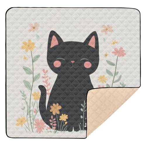 GuoChe Niedliche schwarze Katze mit Blumen, Halloween, weich gepolstert, für drinnen und draußen, wasserdichte Reise-Spielmatte für von GuoChe