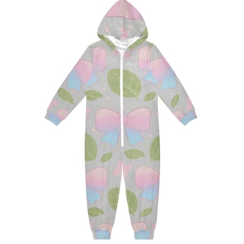 GuoChe Niedlicher 1-teiliger Schlafanzug aus Fleece, mit Reißverschluss, mit Kapuze für Jungen, Heimkleidung, 5–14 Jahre, Schleifen und Blätter, Bunt, 13-14 Jahre von GuoChe
