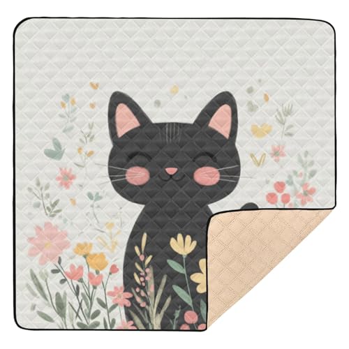GuoChe Schwarze Katze mit Blumen, weicher Schaumstoff für drinnen und draußen, ungiftige Trittmatte für Babys von GuoChe