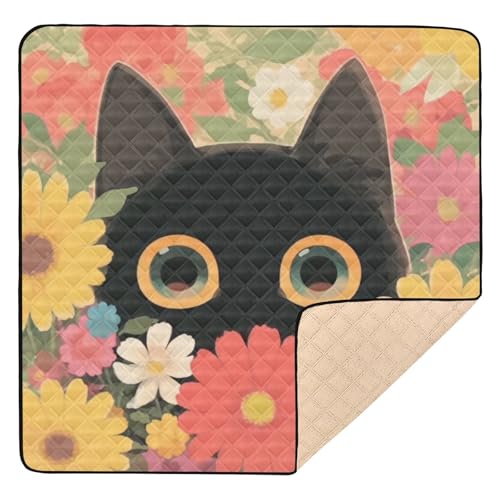 GuoChe Schwarze Katze und Blumen, groß, stabil, für drinnen und draußen, 1-teilige Spielmatte für Babys von GuoChe
