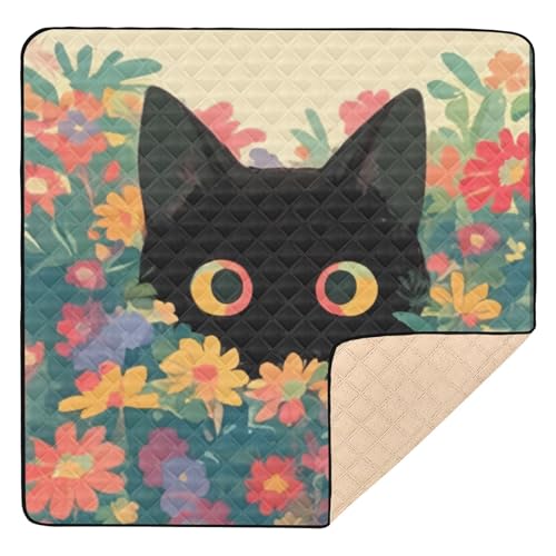 GuoChe Schwarze Katze und Blumen, groß, stabil, für drinnen und draußen, waschbar, Baby-Krabbelmatte für Baby, Kleinkind von GuoChe