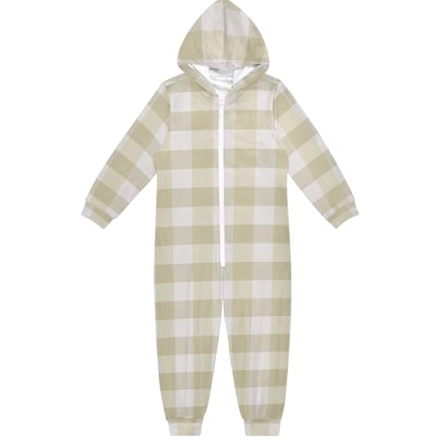 GuoChe Unisex Kinder-Jumpsuits, Plüsch, Reißverschluss, Kapuze, für Kinder, Heimkleidung, 5–14 Jahre, Büffelgelb, kariert, Bunt, 4 Jahre von GuoChe