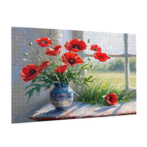 Blume Puzzle 1500 Teile Erwachsene Puzzle Fensterbank Design für Erwachsene und Beginner, HD Farbe HolzPuzzle mit Geschenkbox Verpackung for Zimmer Deko Wohnzimmer, Geschenke für Frauen 57x87cm -z156 von Guofuos