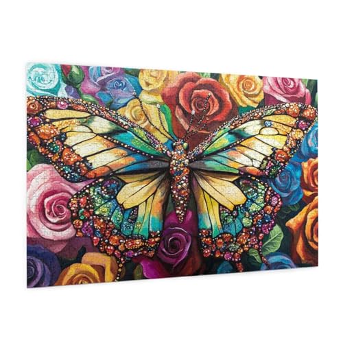 Schmetterling Puzzle 1500 Teile Erwachsene Puzzle Rose Design für Erwachsene Beginner, HD Farbe HolzPuzzle mit Geschenkbox Verpackung for Zimmer Deko Wohnzimmer, Geschenke für Frauen 57x87cm -z1038 von Guofuos