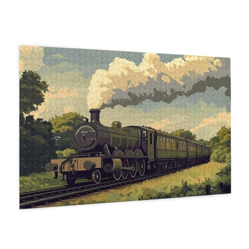 Zug Puzzle 1000 Teile Erwachsene Puzzle Retro Design für Erwachsene und Beginner, HD Farbe HolzPuzzle mit Geschenkbox Verpackung for Zimmer Deko Wohnzimmer, Geschenke für Frauen 50x75cm -z1237 von Guofuos