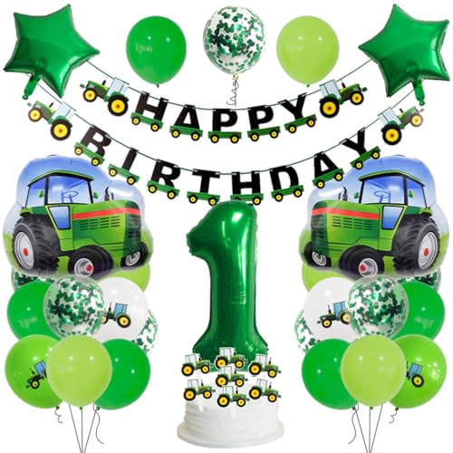 Guoguonb 1 Jahre Traktor Geburtstag Deko Grün 1. Geburtstag Junge Trecker Zahlenballon 1 Folienballon Bedruckte Ballons Banner Tortendekoration für Kindergeburtstag Partyset Dekoration von Guoguonb