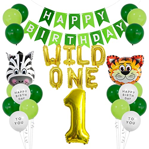 Guoguonb 1. Geburtstag Dekoration Set Grünes Happy Birthday Banner Deko Tiger Zebra Luftballon Große Zahlen 1 Folienballons für Deko Junge Mädchen Geburtstag Party First Birthday Dekorationen von Guoguonb