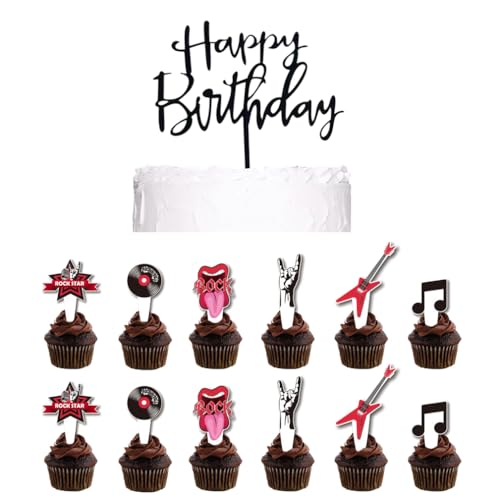 Guoguonb 25Pcs Rock Geburtstagstorte Dekoration Happy Birthday Cake Topper Rock-Thema Kuchen Topper Tortendeko für Musik Thema Geburtstag Party Dekoration von Guoguonb