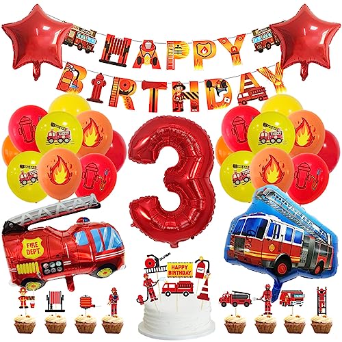 Guoguonb 3 Jahre Feuerwehrauto Geburtstag Party Dekoration Happy Birthday Banner Feuerwehr Bedruckte Ballons Feuerwehr Tortendekoration für Kindergeburtstag 3.Geburtstag Party Dekoration von Guoguonb