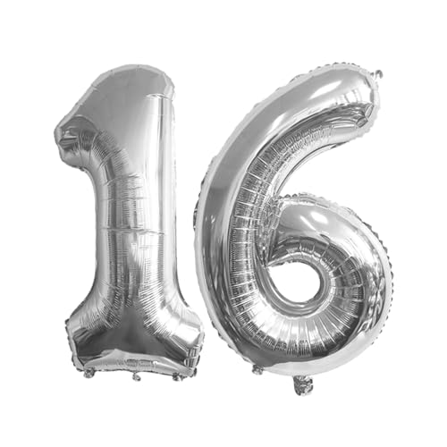 Guoguonb 40 Zoll Zahl 16. Geburtstag Deko Riesen Aufblasbar Helium Folienballon Nummer 16 Luftballons Personalisiertes Design Ballon für Gedenktag Geburtstag Dekoration (Silber) von Guoguonb