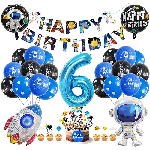 Guoguonb 6. Geburtstag Weltraum Party Deko Astronauten Raketen Folienballon Luftballons Space theme Cupcake Topper Tortendekoration Happy Birthday Banner für 6 Jahre Jungen Birthday Decorations von Guoguonb