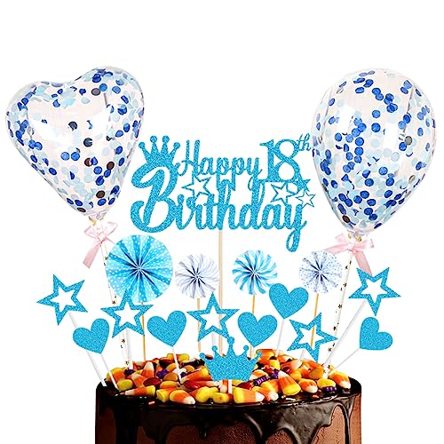 Guoguonb Blau Tortendeko Happy 18th Birthday 18 Jahre Mädchen Jungen Kuchendeko Herz Stern Ballon Glitter Cake Topper für 18. Geburtstag Party Kuchen Deko von Guoguonb