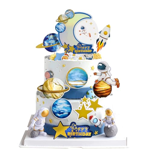 Guoguonb Blau Weltraumplanet Tortendekorationen 1 Groß Mond Happy Birthday Cake Topper und 18 Stück Weltraumthema Cupcake für Weltraum Thema Kuchen Deko Geburtstagsparty Dekoration von Guoguonb