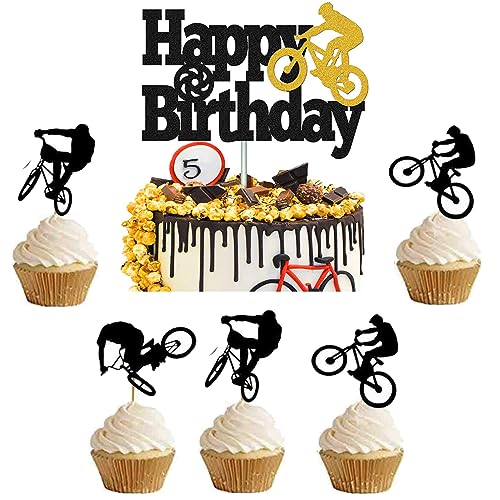 Guoguonb Fahrrad Tortendekorationen 1 Groß Happy Birthday Cake Topper und 24 Stück Fahrrad Cupcake für Junge von Guoguonb