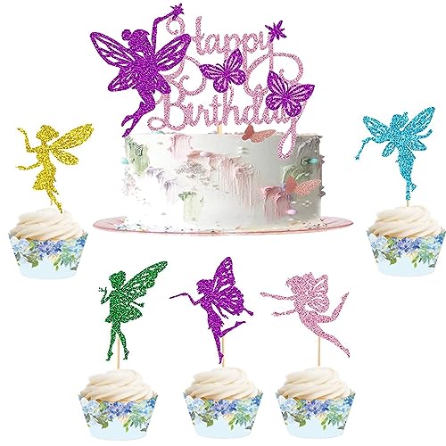 Guoguonb Fee Tortendekoration 1 Groß Happy Birthday Cake Topper und 20 Stück Cupcake Fairy Kuchen Topper Mädchen Tortenstecker Dekoratio für Kinder Mädchen Geburtstagsdeko von Guoguonb
