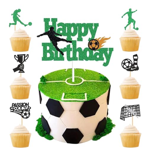 Guoguonb Fußball Tortendekorationen 1 Groß Happy Birthday Cake Topper und 12 Stück Trophäen Stiefel Cupcake für Fußball Thema Kuchen Deko Kinder Geburtstagsparty Dekoration von Guoguonb
