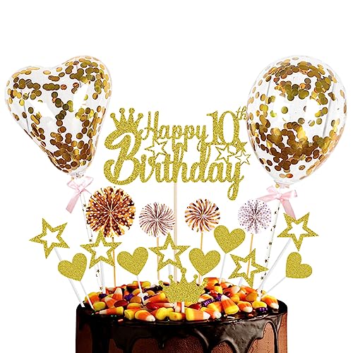 Guoguonb Golden Tortendeko Happy 10th Birthday 10 Jahre Mädchen Jungen Kuchendeko Herz Stern Ballon Glitter Cake Topper für 10. Geburtstag Party Kuchen Deko von Guoguonb
