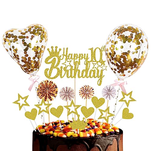 Guoguonb Golden Tortendeko Happy 10th Birthday 10 Jahre Mädchen Jungen Kuchendeko Herz Stern Ballon Glitter Cake Topper für 10. Geburtstag Party Kuchen Deko von Guoguonb