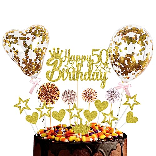 Guoguonb Golden Tortendeko Happy 50th Birthday 50 Jahre Männer Damen Kuchendeko Herz Stern Ballon Glitter Cake Topper für 50. Geburtstag Party Kuchen Deko von Guoguonb