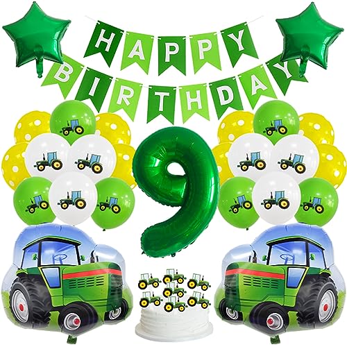 Guoguonb Grün 9 Jahre Traktor Geburtstag Deko Happy Birthday Banner Zahlenballon 9 Folienballon Bedruckte Ballons Traktor Tortendekoration für Kindergeburtstag Partyset Dekoration von Guoguonb