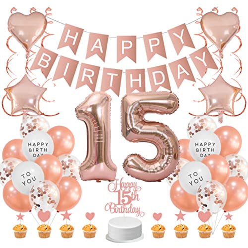 Guoguonb Roségold 15. Geburtstag Dekoration Set - Happy Birthday Banner, Luftballons, Cake Topper für Mädchen, Freundin, Tochter von Guoguonb