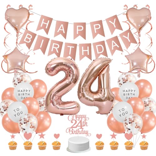 Guoguonb Roségold 24. Geburtstag Dekoration Set - Happy Birthday Banner, Luftballons, Cake Topper, Tortendekoration für Mädchen, Madame, Frauen von Guoguonb