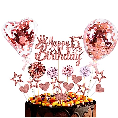 Guoguonb Roségold Tortendeko Happy 15th Birthday 15 Jahre Mädchen Jungen Kuchendeko Herz Stern Ballon Glitter Cake Topper für 15. Geburtstag Party Kuchen Deko von Guoguonb