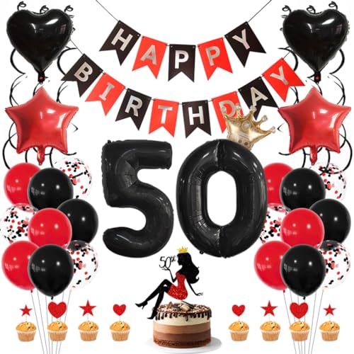 Guoguonb Rot Geburtstag Dekoration Set 50 Jahr Geburtstag Deko Happy Birthday Banner Luftballons High Heel Girl Cake Topper für Mädchen Frau Deko 50. Geburtstag Party Dekoration von Guoguonb