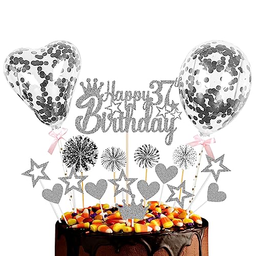 Guoguonb Silber Tortendeko Happy 37th Birthday 37 Jahre Männer Damen Kuchendeko Herz Stern Ballon Glitter Cake Topper für 37. Geburtstag Party Kuchen Deko von Guoguonb