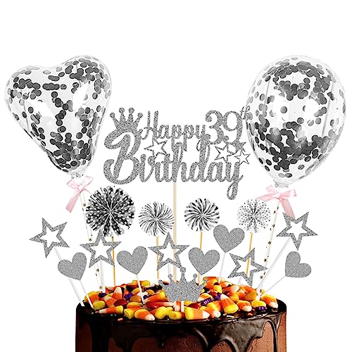 Guoguonb Silber Tortendeko Happy 39th Birthday 39 Jahre Männer Damen Kuchendeko Herz Stern Ballon Glitter Cake Topper für 39. Geburtstag Party Kuchen Deko von Guoguonb