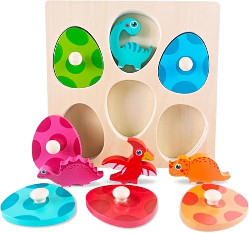 Guopai Holzpuzzle ab 1 Jahr | Montessori Holzspielzeug Baby Greifpuzzle Dino Eier | Sortierspiel Motorikspielzeug Steckpuzzle für 12-36 Monate Mädchen & Jungen | Ostern Geschenk Kinder (A) von Guopai