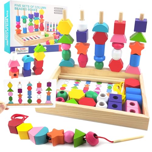 Guopai Montessori Spielzeug ab 2 3 4 Jahren, Fädelspiel & Steckspiel Holz, Motorikspielzeug für Kinder, Sortierspiel, Lernspiele für Baby, Mit Aufbewahrungsbox, Pädagogisches Geschenk von Guopai