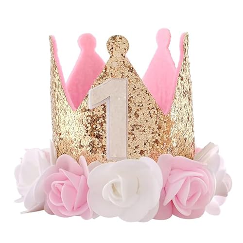 Baby Mädchen 1. Geburtstag Hut, Baby Tiara Krone für 1. Geburtstag, funkelndes Goldblumen-Design, 1. Geburtstag, Dekoration für Mädchen zum 1. Geburtstag, Glitzerstil mit Rosenblüte (Rosa) von Gurfzcyuoo
