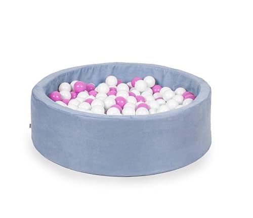 Gutekissen® Bällebad Kinder ∅100cm – Bällepool Baby Rund mit 200 Bällen – Spielpool für Kleinkinder – Indoor Spielspaß (Blau Samt, Rosa/Weiß) von Gutekissen