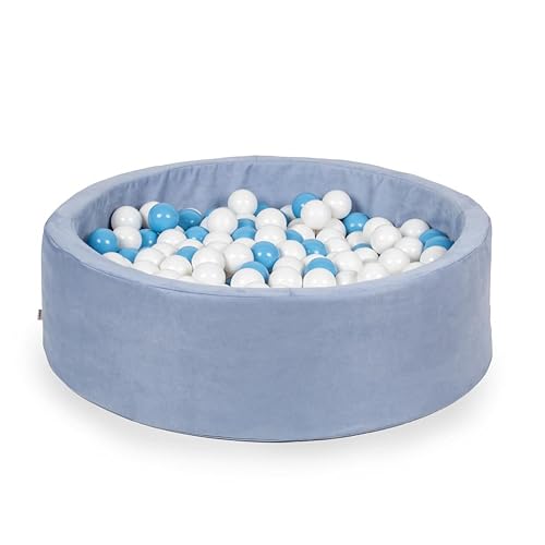 Gutekissen® Bällebad Kinder ∅100cm – Bällepool Baby Rund mit 200 Bällen – Spielpool für Kleinkinder – Indoor Spielspaß (Blau Samt, Weiß/Blau) von Gutekissen