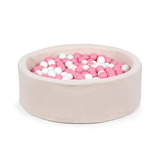 Gutekissen® Bällebad Kinder ∅100cm – Bällepool Baby Rund mit 200 Bällen – Spielpool für Kleinkinder – Indoor Spielspaß (Creme Bouclé, Rosa/Weiß) von Gutekissen