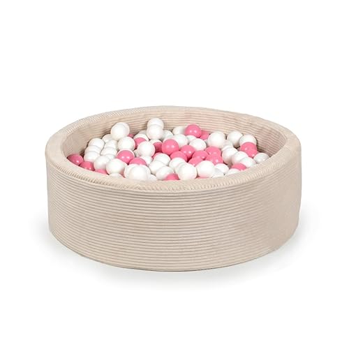 Gutekissen® Bällebad Kinder ∅100cm – Bällepool Baby Rund mit 200 Bällen – Spielpool für Kleinkinder – Indoor Spielspaß (Creme Streifen, Rosa/Weiß) von Gutekissen
