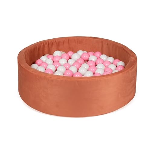 Gutekissen® Bällebad Kinder ∅100cm – Bällepool Baby Rund mit 200 Bällen – Spielpool für Kleinkinder – Indoor Spielspaß (Pfirsich Samt, Rosa/Weiß) von Gutekissen